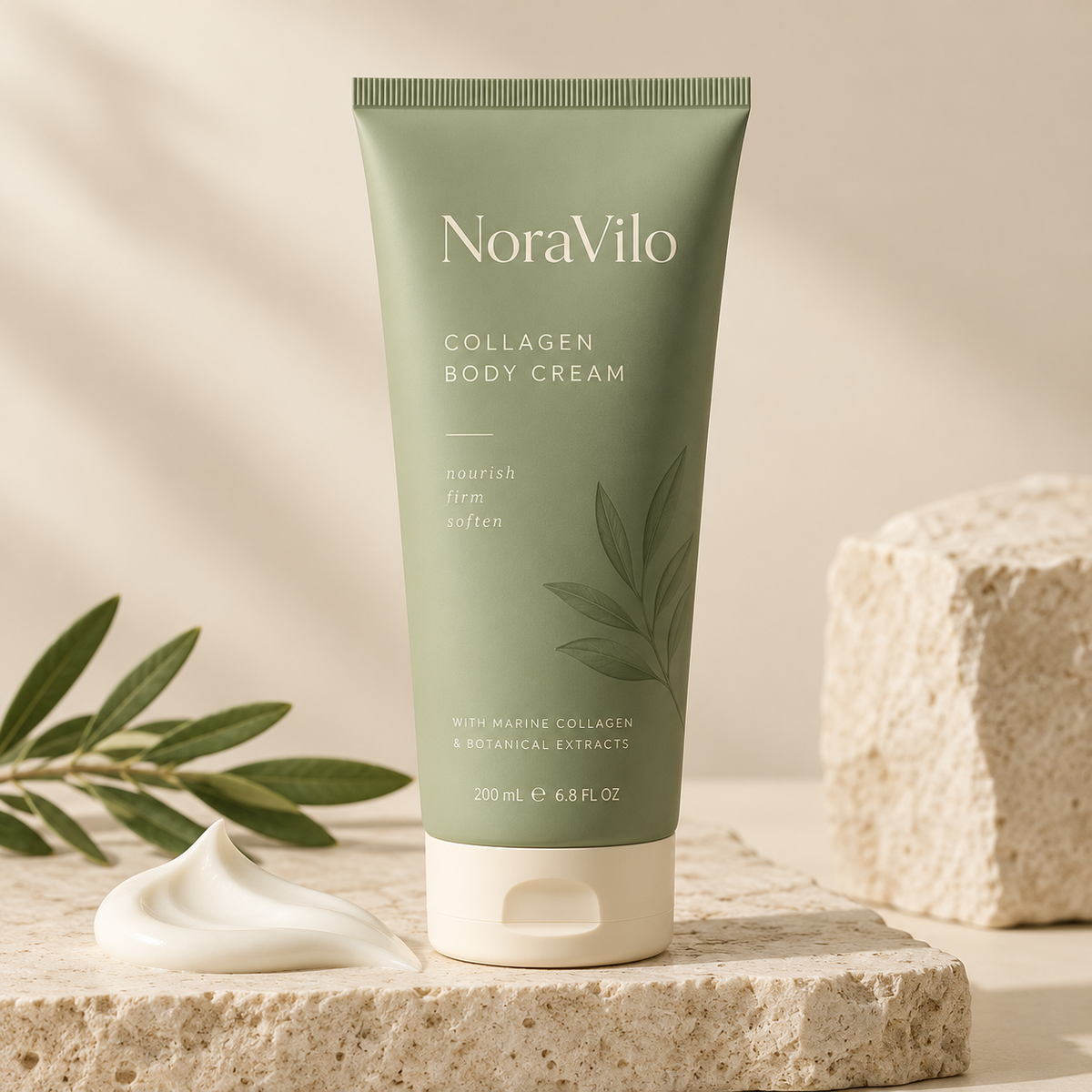Concept packaging visualization for NoraVilo Collagen body Cream; not verified retail packaging