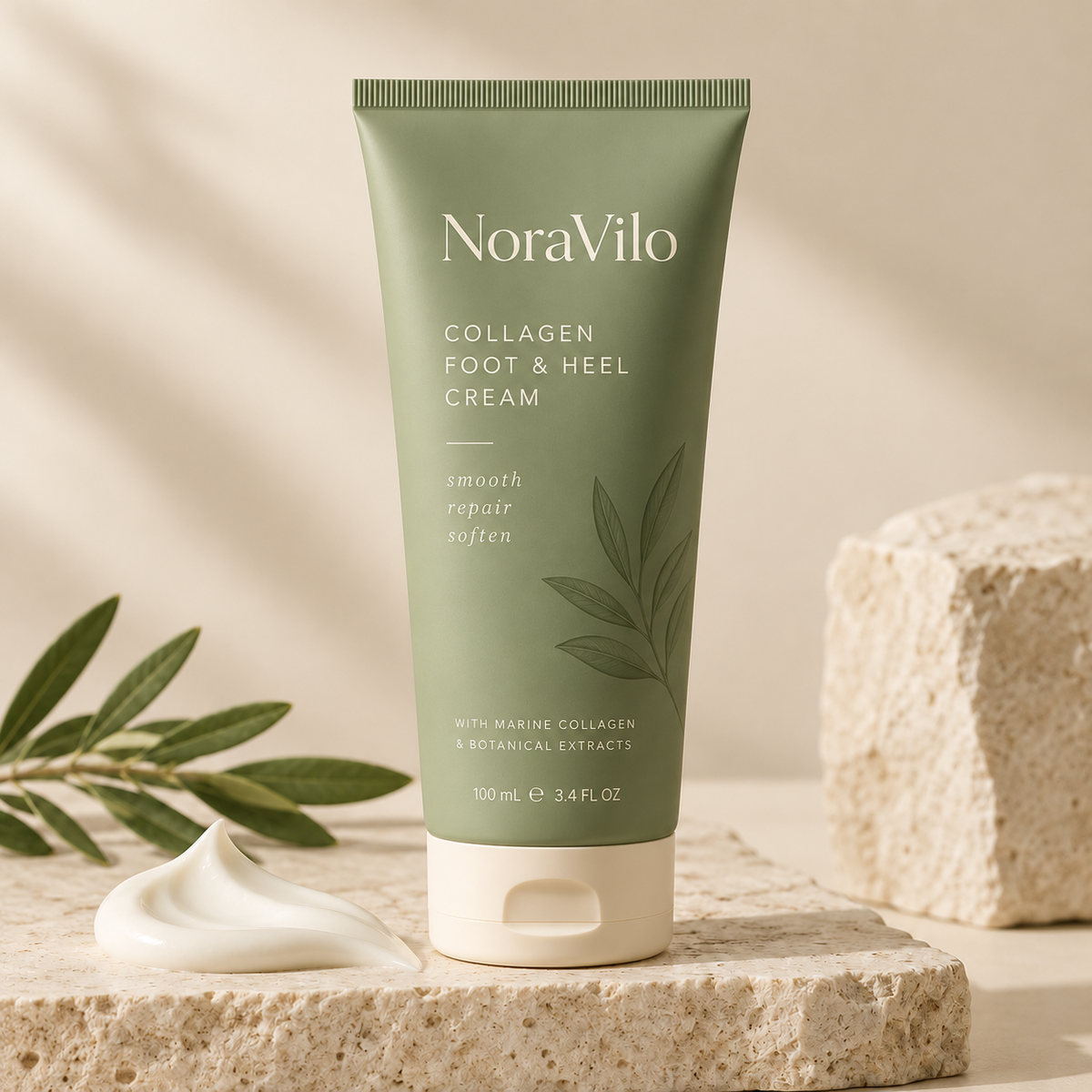 Concept packaging visualization for NoraVilo Collagen foot Cream; not verified retail packaging