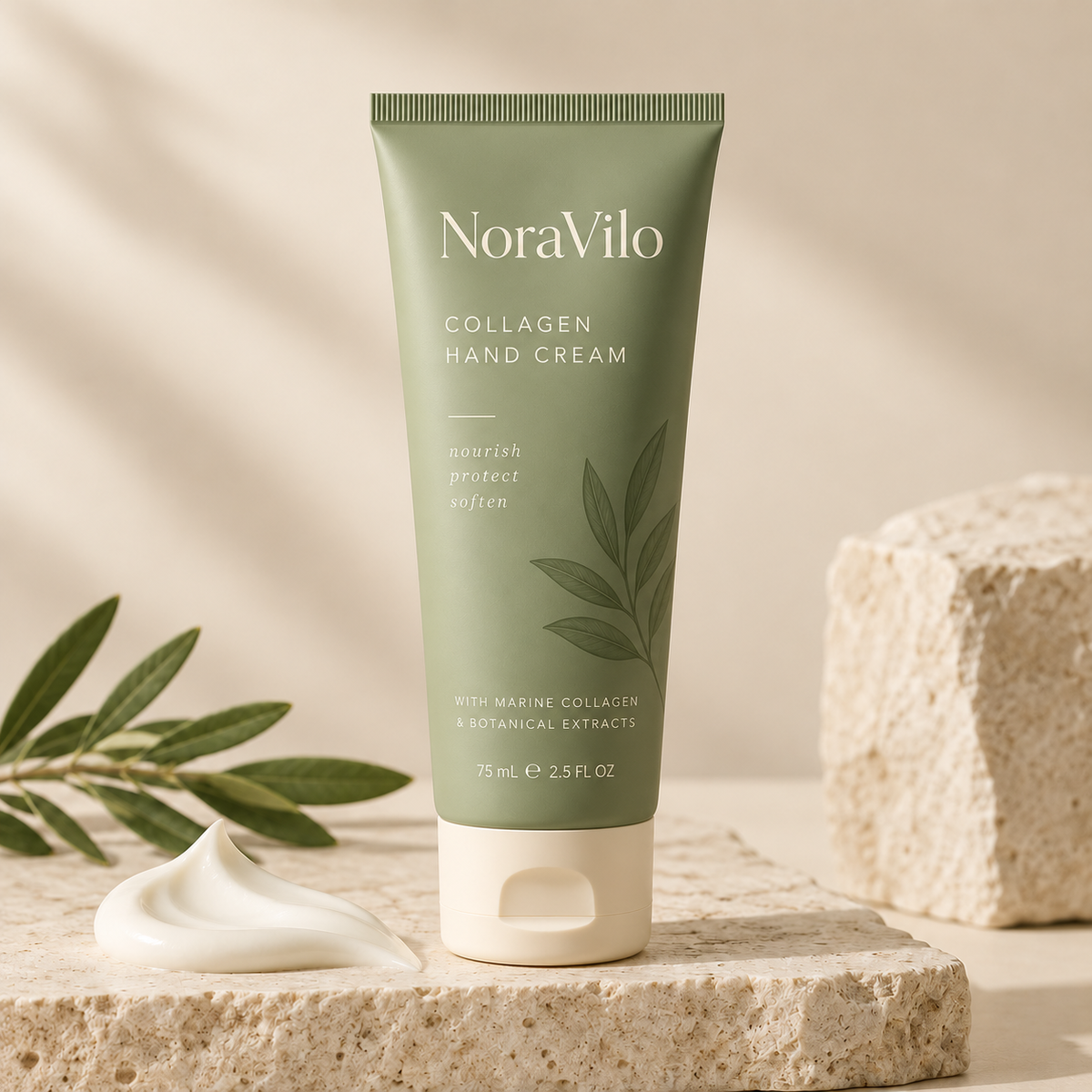 Concept packaging visualization for NoraVilo Collagen hand Cream; not verified retail packaging