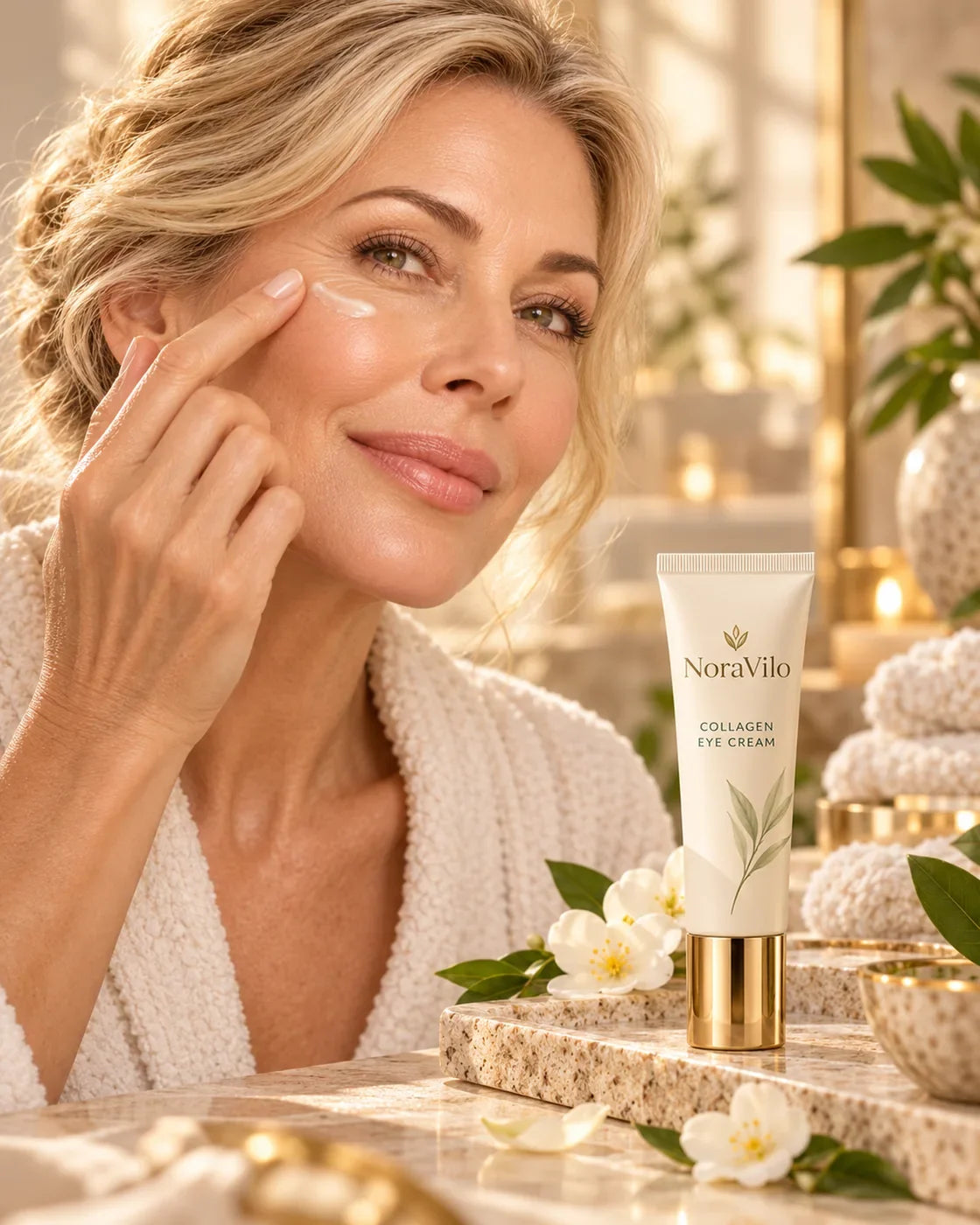 NoraVilo Collagen Eye Cream lifestyle concept; packaging illustration only